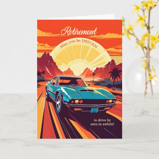 Pensionering Gefeliciteerd Classic Car Retro 70s Kaart (Gele Bloem)