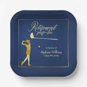 Pensionering Golf Party Classic Blauw Gouden Vrouw Papieren Bordje