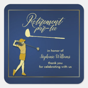 Pensionering Golf Party Classic Blauw Gouden Vrouw Vierkante Sticker