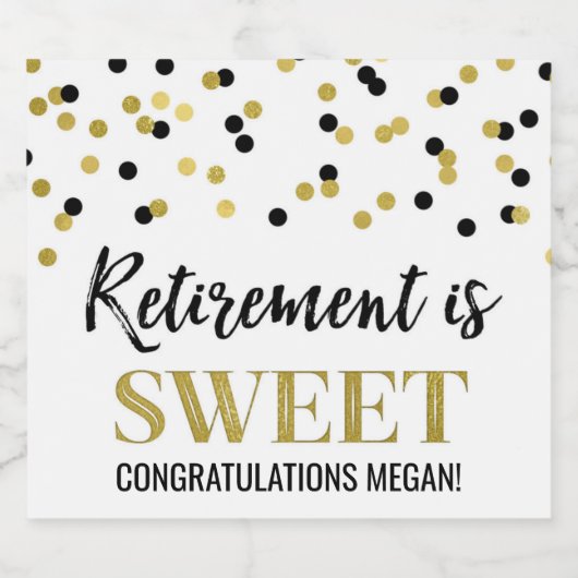 Pensionering is Sweet Black Gold Confetti Sparkling Wijnetiket (Enkel label)