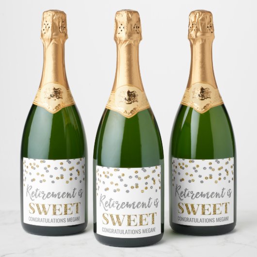 Pensionering is Sweet Gold Silver Confetti Sparkling Wijnetiket (Flessen)