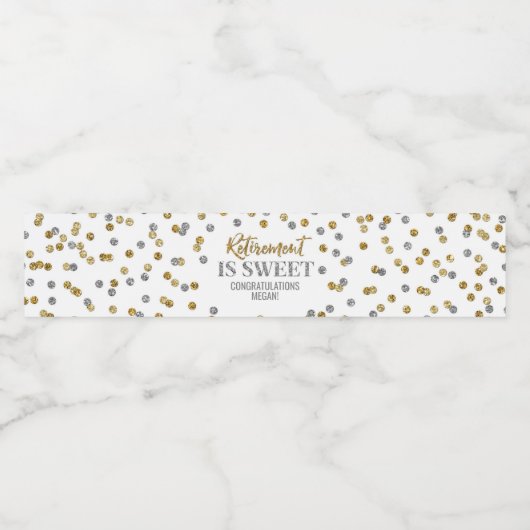 Pensionering is Sweet Gold Silver Confetti Waterfles Etiket (Enkel label)