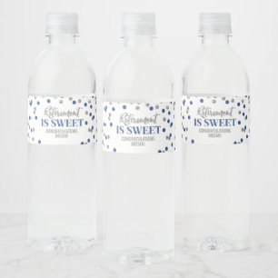 Pensionering is Zoet Blauw Zilver Confetti Waterfles Etiket