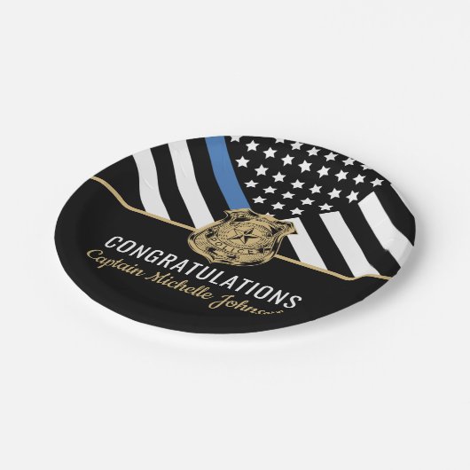 Pensionering politie blauwe lijn vlag gefeliciteer papieren bordje (Gekanteld)