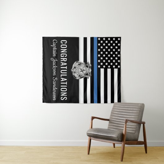 Pensionering politie blauwe lijn vlag gefeliciteer wandkleed (In Situ (horizontaal))