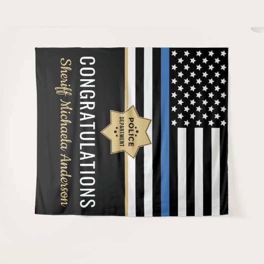 Pensionering politie blauwe lijn vlag gefeliciteer wandkleed (Voorkant (horizontaal))