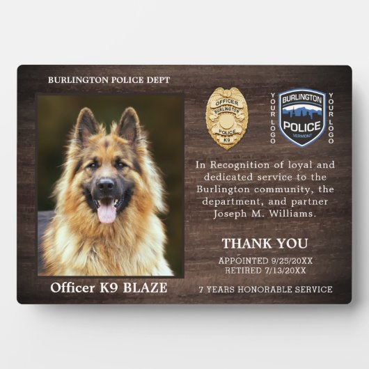 Pensionering politie-hond-waardering K9 officier Fotoplaat (voorkant)