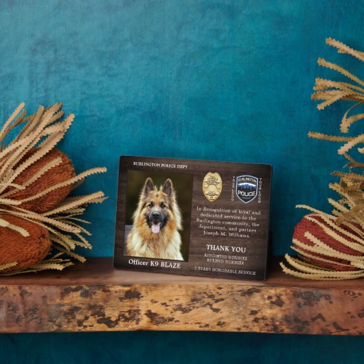 Pensionering politie-hond-waardering K9 officier Fotoplaat (Zijkant)