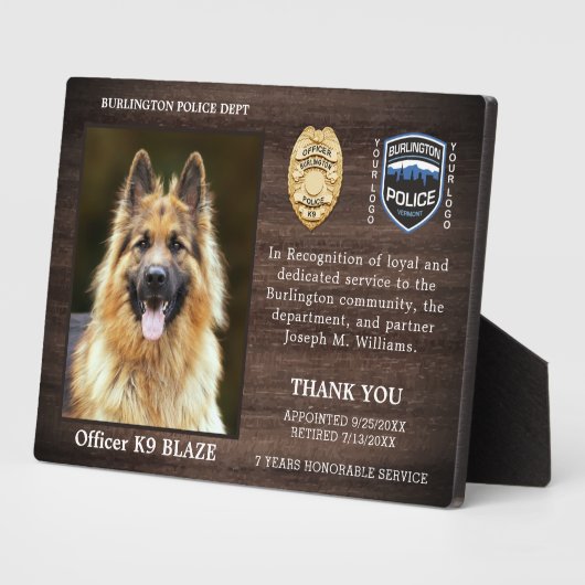 Pensionering politie-hond-waardering K9 officier Fotoplaat (Zijkant)