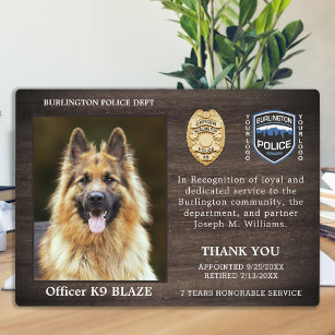 Pensionering politie-hond-waardering K9 officier Fotoplaat