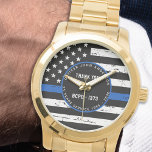 Pensionering van politie gepersonaliseerd in blauw horloge<br><div class="desc">U kunt een uitstekende politieagent met deze Thin Blue Line Police Retirement Watch - Amerikaans vlagontwerp in de kleuren van de vlag van de politie, noodlottig ontwerp, begroeten en shows. Ideaal voor serviceprijzen en politiecadeautjes, politieverjaardag van de politie. Personaliseer de naam van de politieagenten, de dienstjaren en de dienstjaren. COPYRIGHT...</div>