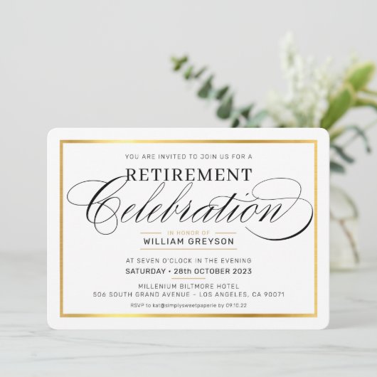 PENSIONERING VIERING DINER modern goud zwart Kaart (Staand voorkant)