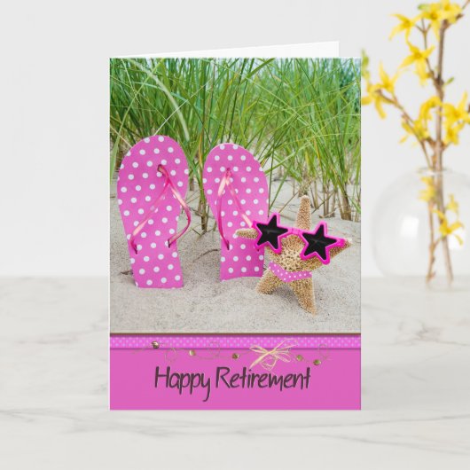 Pensionering-zeester en teenslipper kaart (Gele Bloem)