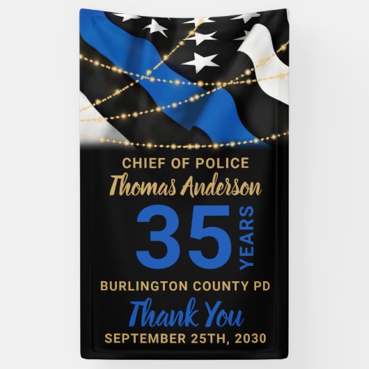 Pensioneringspartij bij de politie met blauwe lijn spandoek (Verticaal)