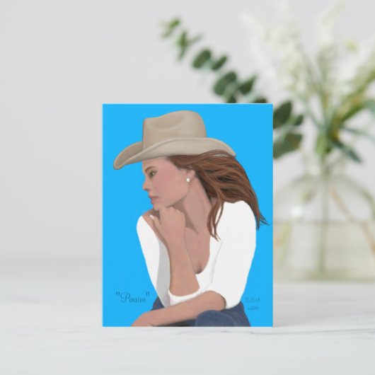 "Pensive" Cowgirl Briefkaart (Staand voorkant)