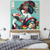 Pensive Geisha met Fan in Ukiyo-e Art Canvas Afdruk (Insitu (Slaapkamer))