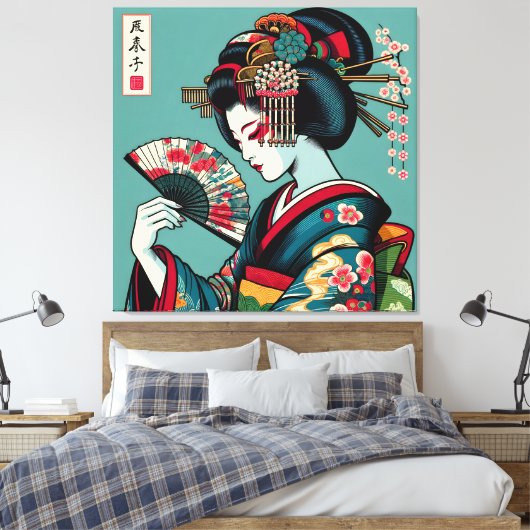 Pensive Geisha met Fan in Ukiyo-e Art Canvas Afdruk (Insitu (Slaapkamer))