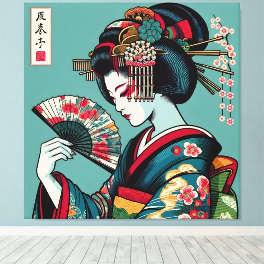 Pensive Geisha met Fan in Ukiyo-e Art Canvas Afdruk (Insitu (Houten vloer))