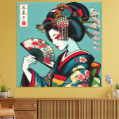 Pensive Geisha met Fan in Ukiyo-e Art Canvas Afdruk (Insitu (Woonkamer))