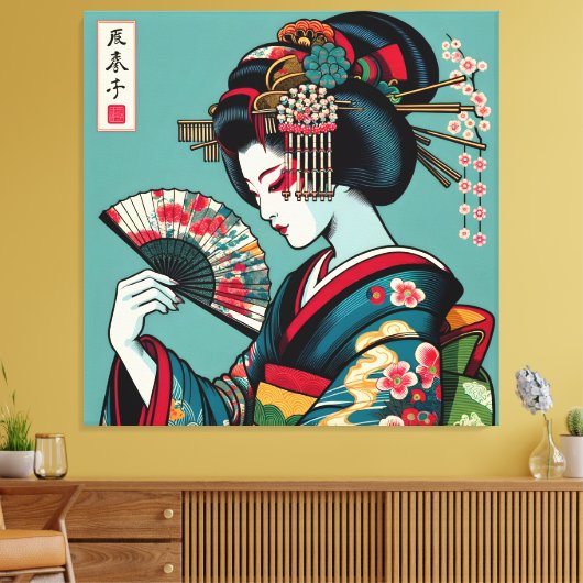 Pensive Geisha met Fan in Ukiyo-e Art Canvas Afdruk (Insitu (Woonkamer))
