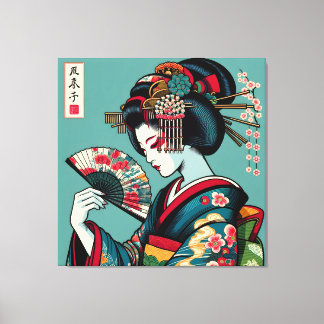 Pensive Geisha met Fan in Ukiyo-e Art Canvas Afdruk