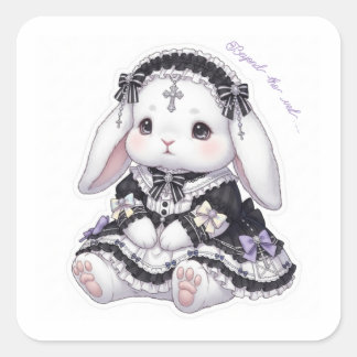 Pensive Gothic Lolita Bunny - Black & Purple Cross Vierkante Sticker