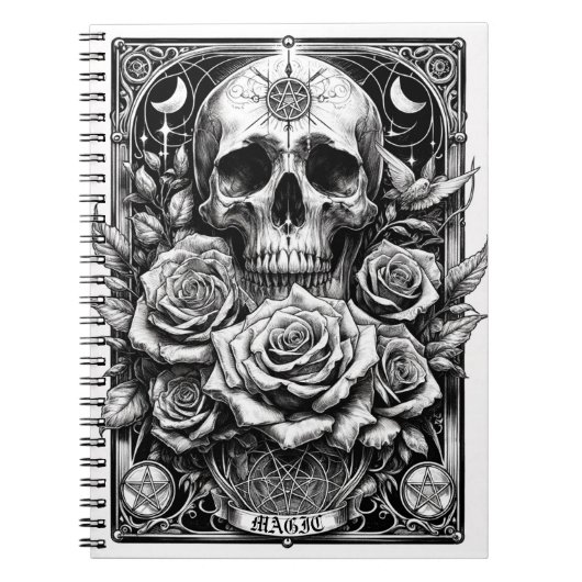 Pentacle Skelet Schedel & Rozen Tarot Kunst Notitieboek (Voorkant)
