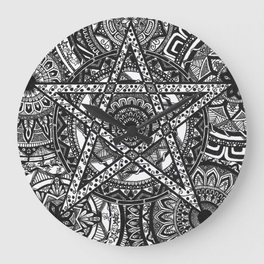 Pentagram Mandala WaClock - zwart-wit design Grote Klok (Voorkant)