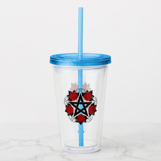 Pentagram met rode rozen acryl drinkbeker (Voorkant)