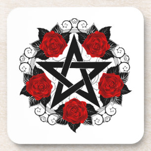 Pentagram met rode rozen bier onderzetter