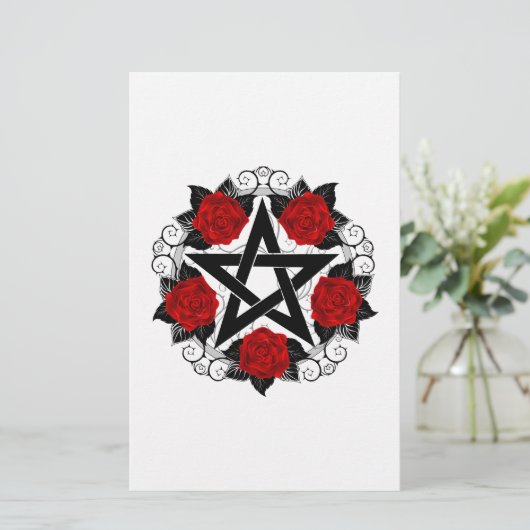 Pentagram met rode rozen briefpapier (Staand voorkant)