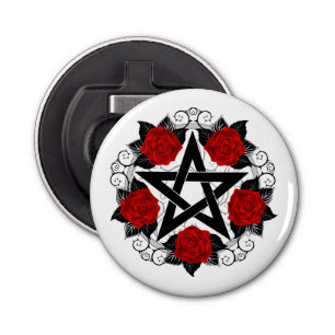 Pentagram met rode rozen button flesopener