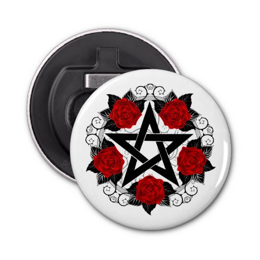 Pentagram met rode rozen button flesopener (Voorkant)