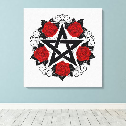 Pentagram met rode rozen canvas afdruk (Insitu (Houten vloer))