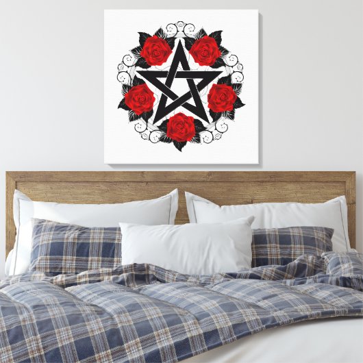 Pentagram met rode rozen canvas afdruk (Insitu (Slaapkamer))
