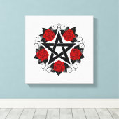Pentagram met rode rozen canvas afdruk (Insitu (Houten vloer))