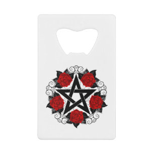 Pentagram met rode rozen creditkaart flessenopener