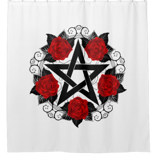 Pentagram met rode rozen douchegordijn (Voorkant)