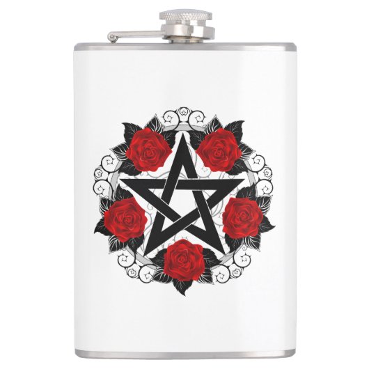 Pentagram met rode rozen heupfles (Voorkant)
