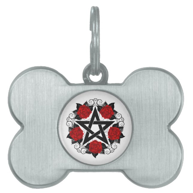 Pentagram met rode rozen huisdieren naamplaatje (voorkant)