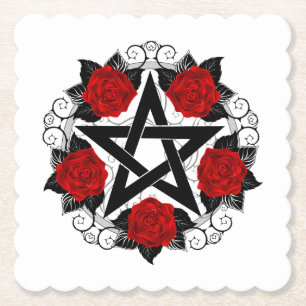 Pentagram met rode rozen kartonnen onderzetters