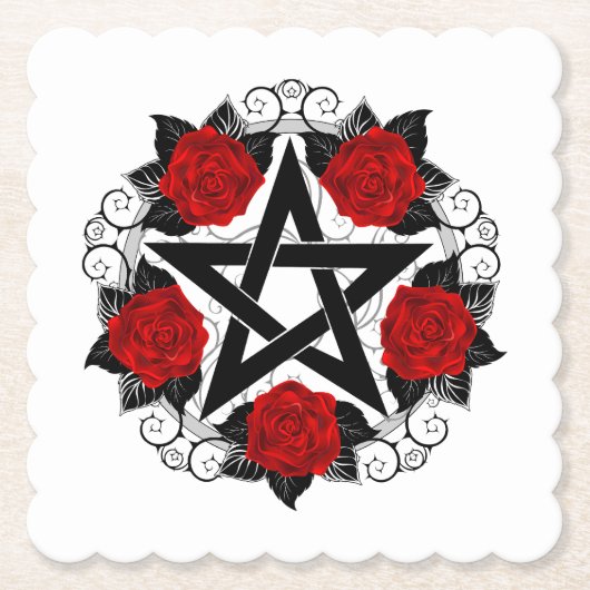 Pentagram met rode rozen kartonnen onderzetters (Voorkant)