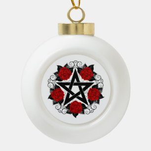 Pentagram met rode rozen keramische bal ornament