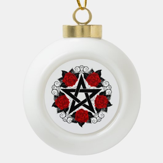 Pentagram met rode rozen keramische bal ornament (Voorkant)