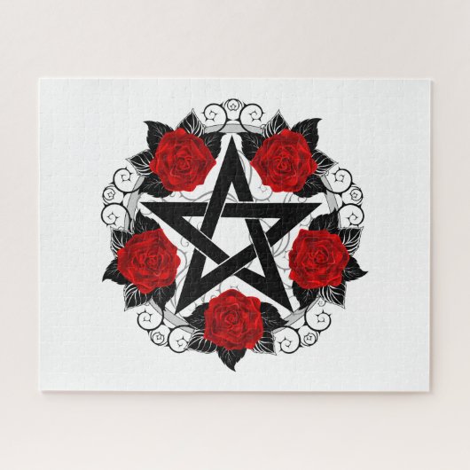 Pentagram met rode rozen legpuzzel (Horizontaal)