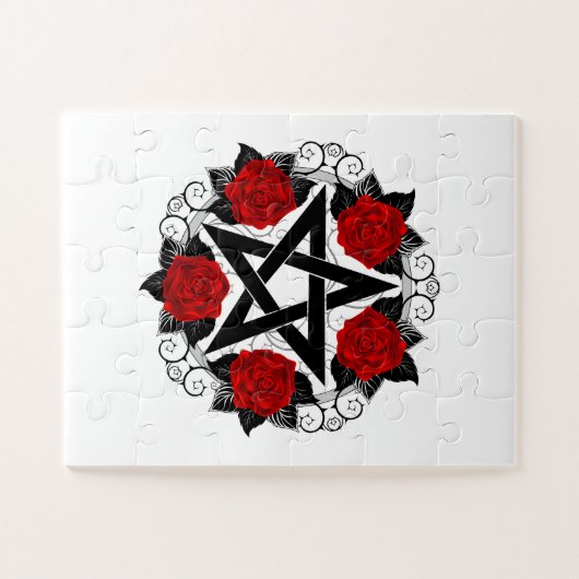 Pentagram met rode rozen legpuzzel (Horizontaal)