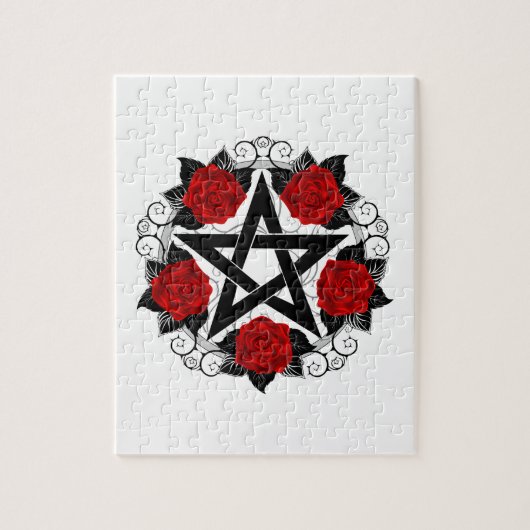 Pentagram met rode rozen legpuzzel (Verticaal)