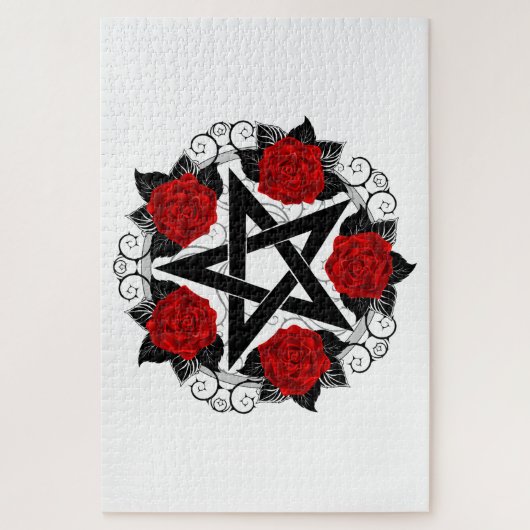 Pentagram met rode rozen legpuzzel (Verticaal)