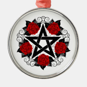 Pentagram met rode rozen metalen ornament
