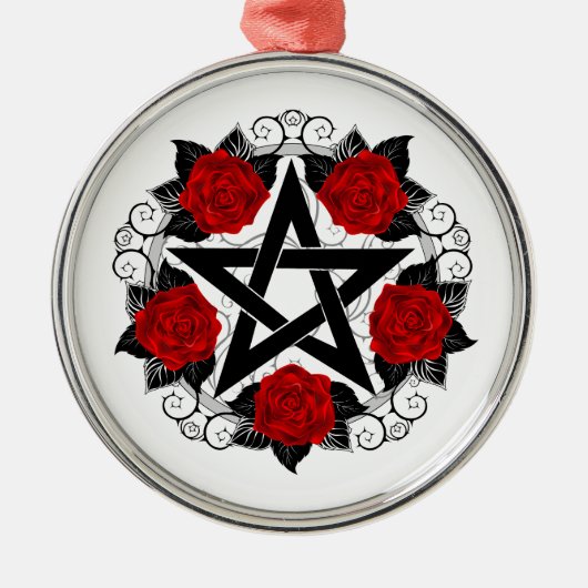 Pentagram met rode rozen metalen ornament (Voorkant)